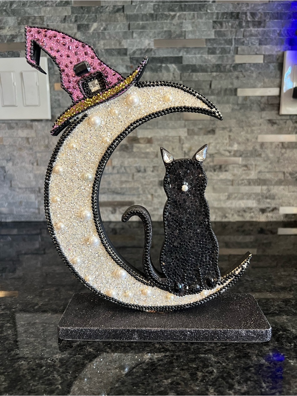GLITTERY BLING Wooden Halloween Sign, BLACK CAT, MOON, WITCH HAT-11 In Tall!!